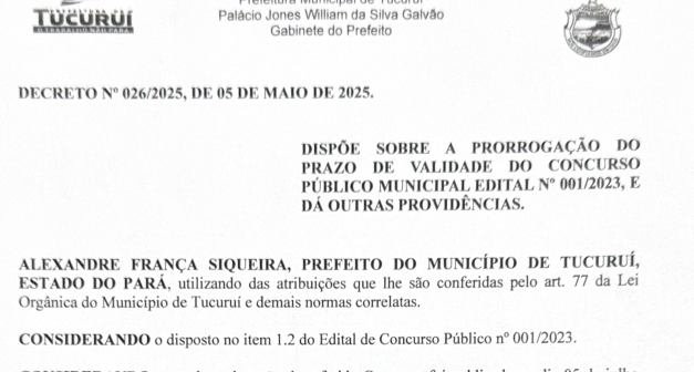 Prefeitura Prorroga Validade do Concurso Público Municipal Edital nº 001/2023