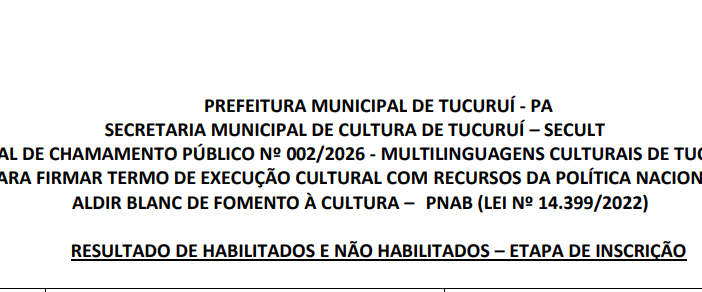 RESULTADO DA ETAPA DE INSCRIÇÃO – EDITAL DE CHAMAMENTO PÚBLICO Nº 002/2026 – MULTILINGUAGENS CULTURAIS DE TUCURUÍ