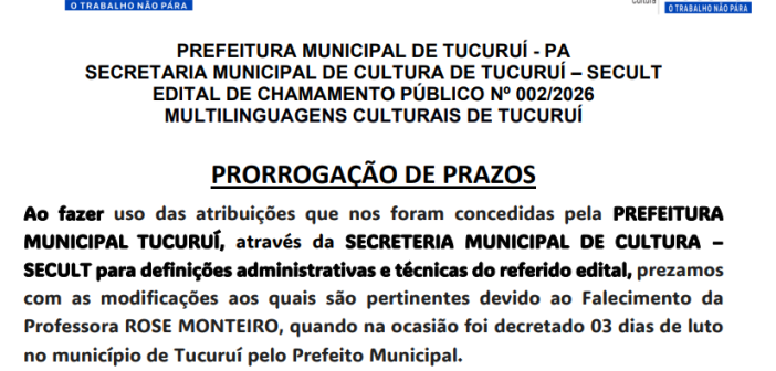 SECULT prorroga prazos do Edital de Chamamento Público nº 002/2026 – Multilinguagens Culturais de Tucuruí